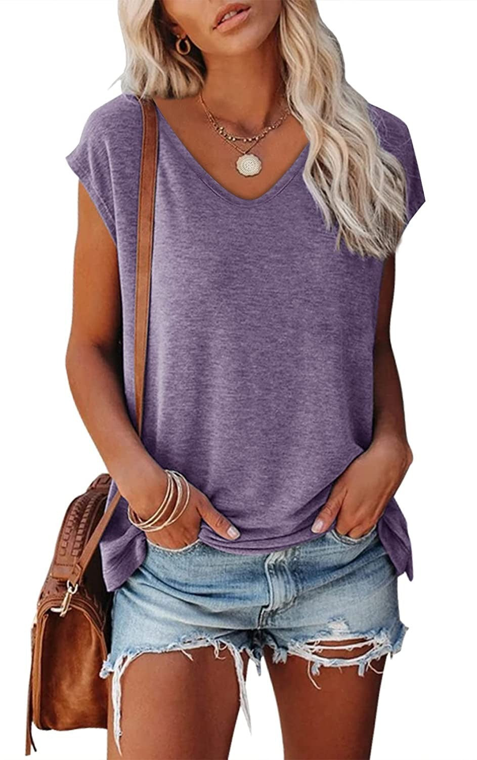 Women's Cap Sleeve V-neck Solid Color Casual Loose-fitting T-shirt - Chic Angle